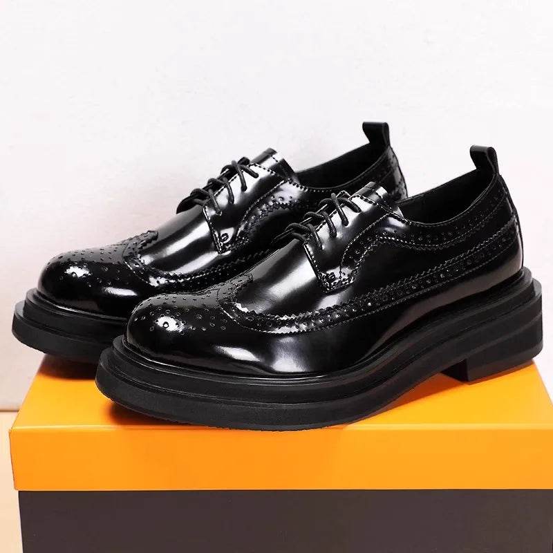 Luxury Fashion Men Business Dress Shoes Genuine Leather Thick Sole High-end Brogue Shoes Lace-up Wedding Derby Shoes - FLORANZANI- Beauté & Santé