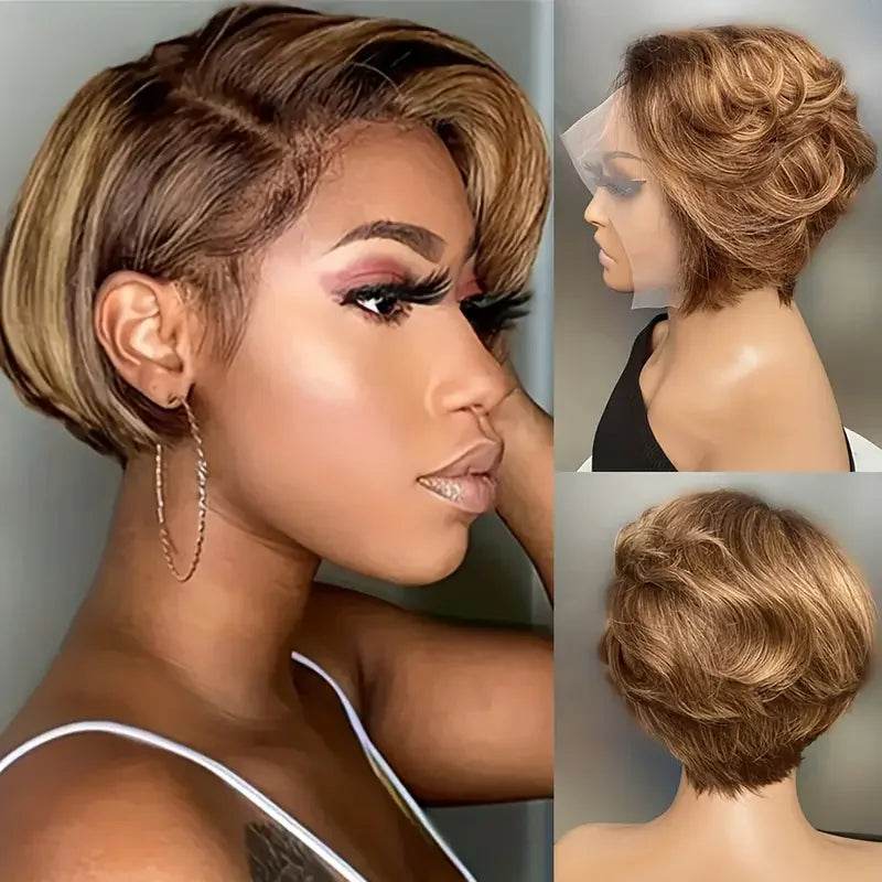 13x6x1 T Part Lace Frontal Wig Pixie Cut Wig Human Hair Wigs For Women 8 Inch 180% Density Glueless Bob Wigs - FLORANZANI- Beauté & Santé