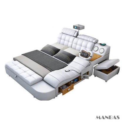 MINGDIBAO Tech Smart Genuine Leather Bed | Multifunctional Ultimate Beds | Massage Tatami Bed with Projecter | Upholstered Cama - FLORANZANI- Beauté & Santé