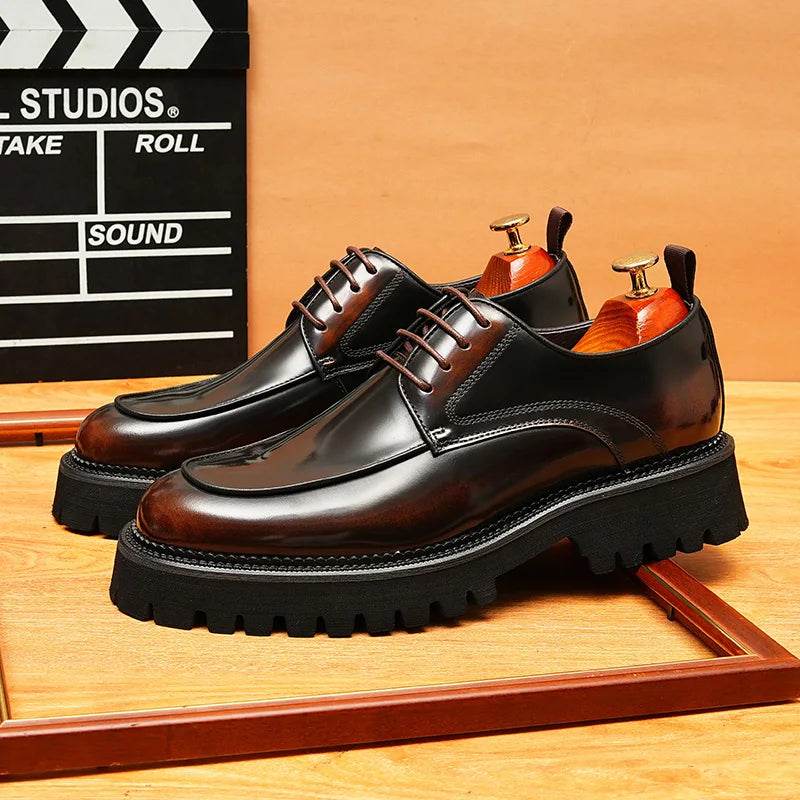 British Casual Leather Shoes for Men Formal Business Thick Soles High Gloss Genuine Leather Patent Leather Gentleman Dress Shoes - FLORANZANI- Beauté & Santé