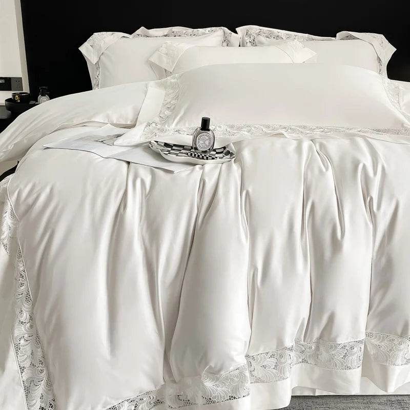 Luxury Hollow Lace Wide Embroidery 1200TC Egyptian Cotton 4Pcs Bedding Set Duvet Cover Set Flat/Fitted Bed Sheet Pillowcases - FLORANZANI- Beauté & Santé