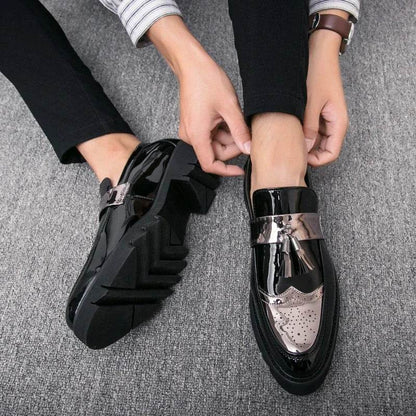 Golden Men's Casual Slip-On Tassel Patent Loafers Thick Bottom Elevator Shoes Fashion Men's Party Shoes Business Shoes Brogue - FLORANZANI- Beauté & Santé