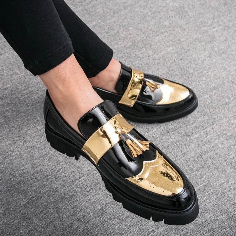 Golden Men's Casual Slip-On Tassel Patent Loafers Thick Bottom Elevator Shoes Fashion Men's Party Shoes Business Shoes Brogue - FLORANZANI- Beauté & Santé