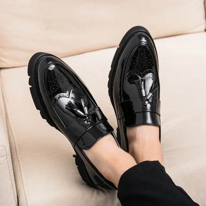 Golden Men's Casual Slip-On Tassel Patent Loafers Thick Bottom Elevator Shoes Fashion Men's Party Shoes Business Shoes Brogue - FLORANZANI- Beauté & Santé