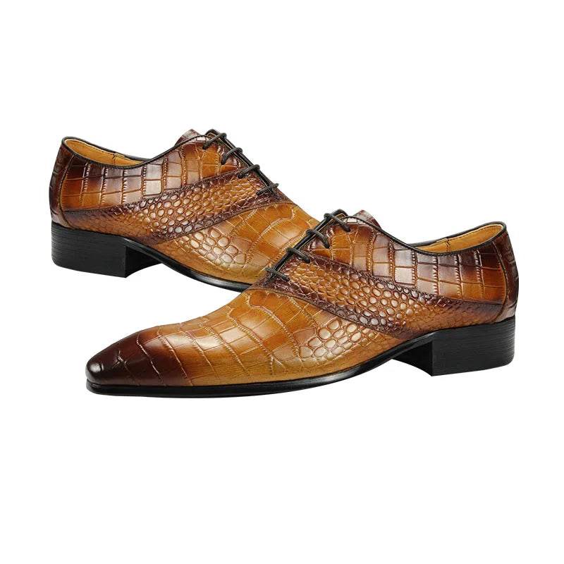 Nice Men Brown Leather Oxford Dress shoes Pointed Toe Derby Wedding For Business Special design Crocodile Grain Genuine sapatos - FLORANZANI- Beauté & Santé