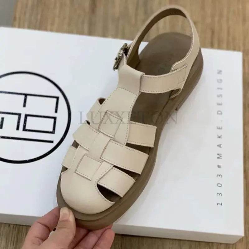 Women Sandals Retro Genuine Leather Luxury Roman Sandals Casual Buckle Strap Summer Shoes GLADIATOR Thick Heel Women Shoes - FLORANZANI- Beauté & Santé