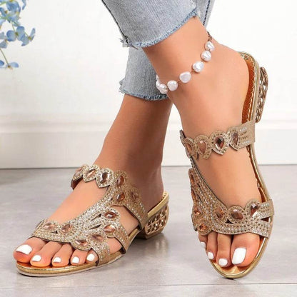 Summer 2024 New Rhinestone Flip-flops, Round Head Fashion Large Size Women's High-heeled Sandals, Beach Sandals - FLORANZANI- Beauté & Santé