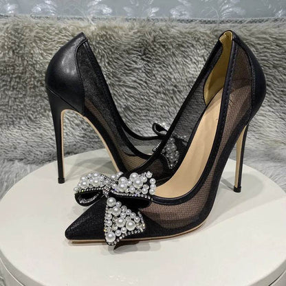 Black Bow diamond Mesh Lace High Heels Female Ladies Thin Heeled For Pointed Toe Pumps Sexy Woman Party Prom Shoes - FLORANZANI- Beauté & Santé