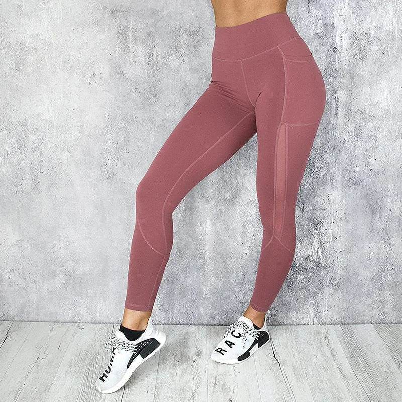 Mesh Spliced Leggings Women Seamless Tights with Pocket Pants High Waist Hip Lift Gym Trainning Running Elastic Slim Yoga Pants - FLORANZANI- Beauté & Santé