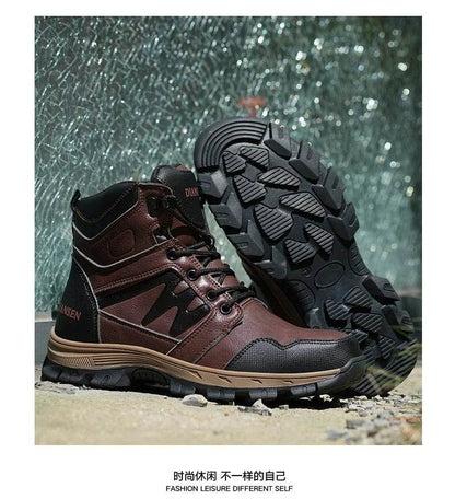 Tongue-linking Design Waterproof Leather Security Work Safety Boots for Men Anti-smash Anti-puncture Male Shoes Botas Brown - FLORANZANI- Beauté & Santé