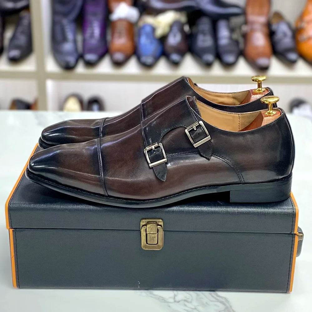 Luxury Handmade Genuine Leather Men's Shoes Formal Classic Double Buckle Monk Shoes Pointed Toe Business Dress Wedding Men Shoes - FLORANZANI- Beauté & Santé