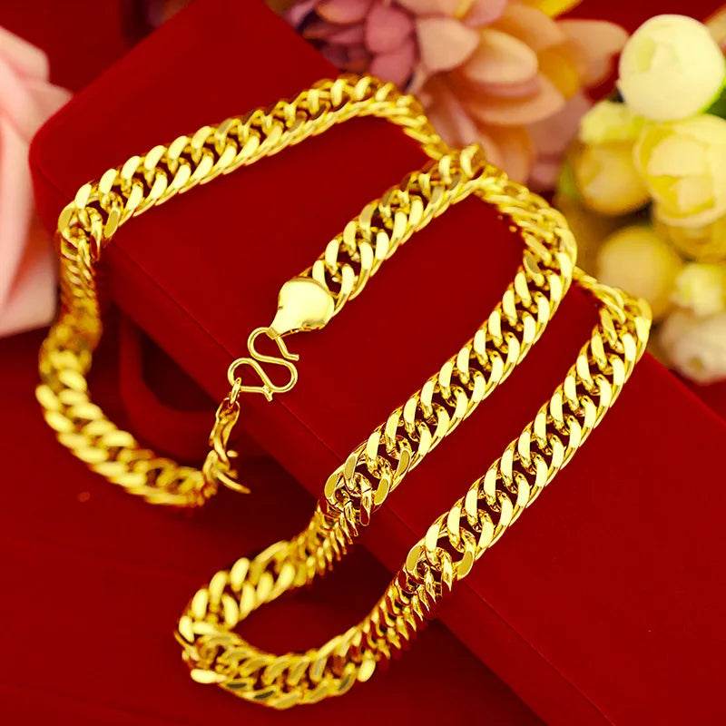 9999 men's flat chain 24K real gold 10mm boss necklace men's style domineering - FLORANZANI- Beauté & Santé