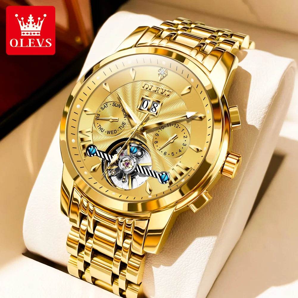 OLEVS 9965 Mens Watch Classic Hollow Out Automatic Mechanical Watch Original Movement Waterproof Luminous Calendar Year Moon - FLORANZANI- Beauté & Santé