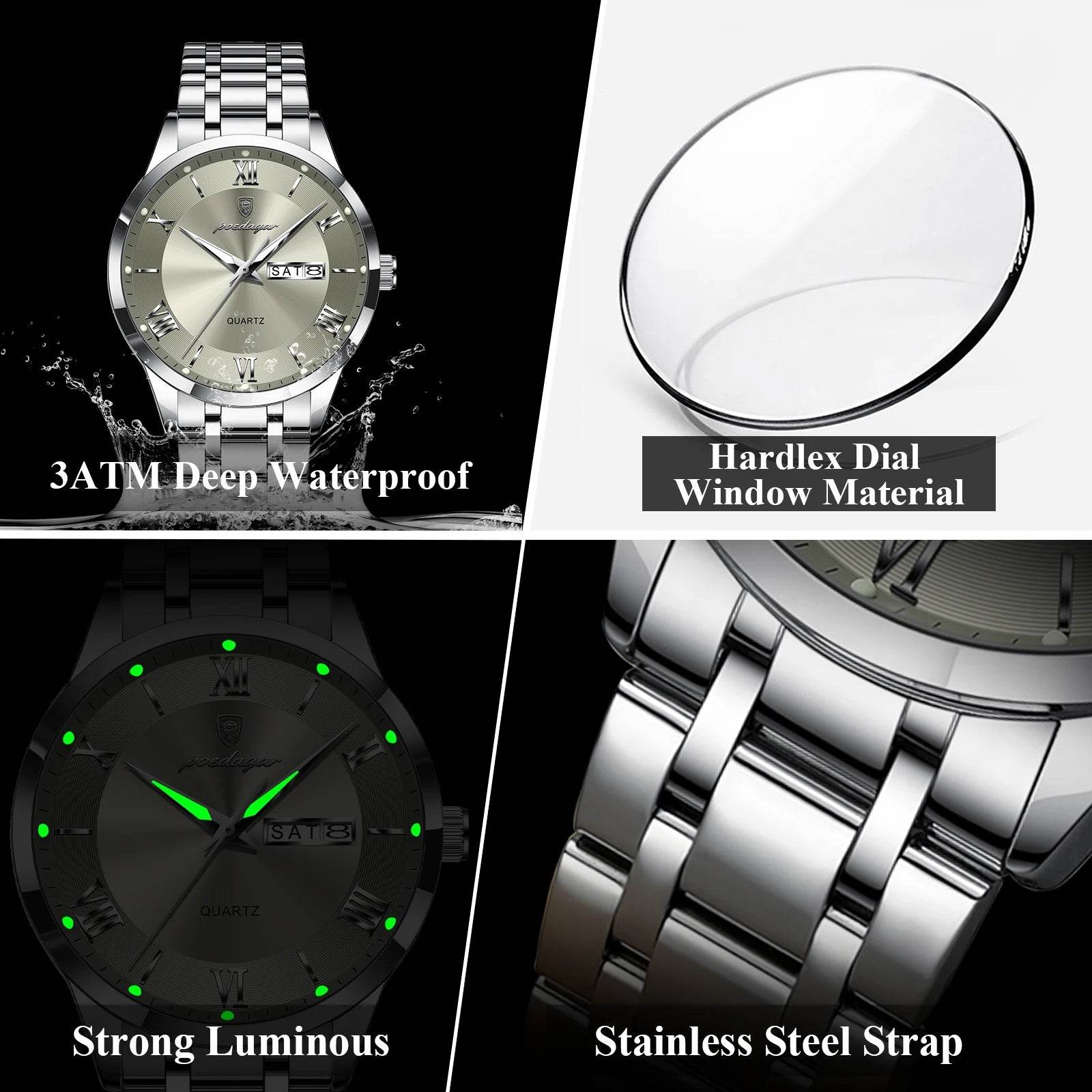 POEDAGAR Luxury Fashion Men Clock Waterproof Luminous Week Date Sports Man Wristwatch Stainless Steel Men's Quartz Watches Reloj - FLORANZANI- Beauté & Santé