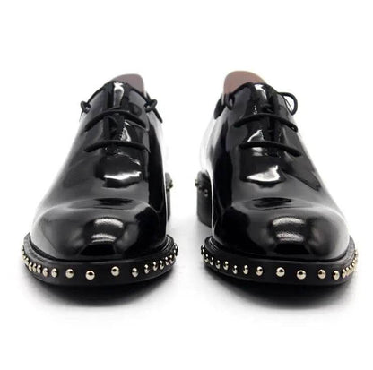 Handmade Genuine leather Black Wedding Dress Shoe Rivets Patent leather Formal Business Shoes Studded Man Flats Lace up Hombre - FLORANZANI- Beauté & Santé