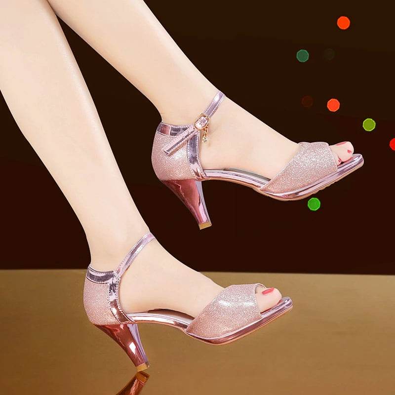 Korean casual sandals for women 2024 summer new item, shiny fish mouth slim heel 6cm high heels, Latin dance women's shoes - FLORANZANI- Beauté & Santé