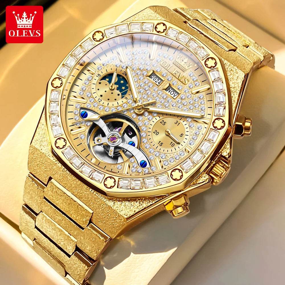 OLEVS 9805 High end Men Watches Waterproof Moon Phase Diamond Dial Fashion Luxury Mechanical Watch Skeleton Original Wristwatch - FLORANZANI- Beauté & Santé