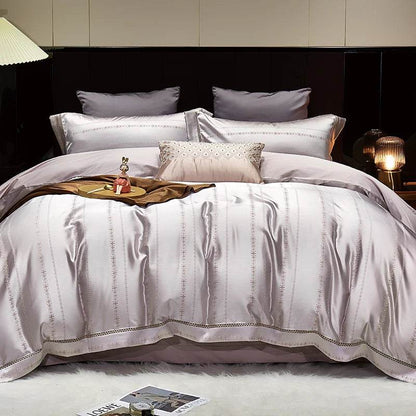 Luxury Satin Jacquard Cotton Bedding Set Gold Leaves Egyptian Cotton Smooth Duvet Cover Set Flat/Fitted Sheet Pillowcases - FLORANZANI- Beauté & Santé