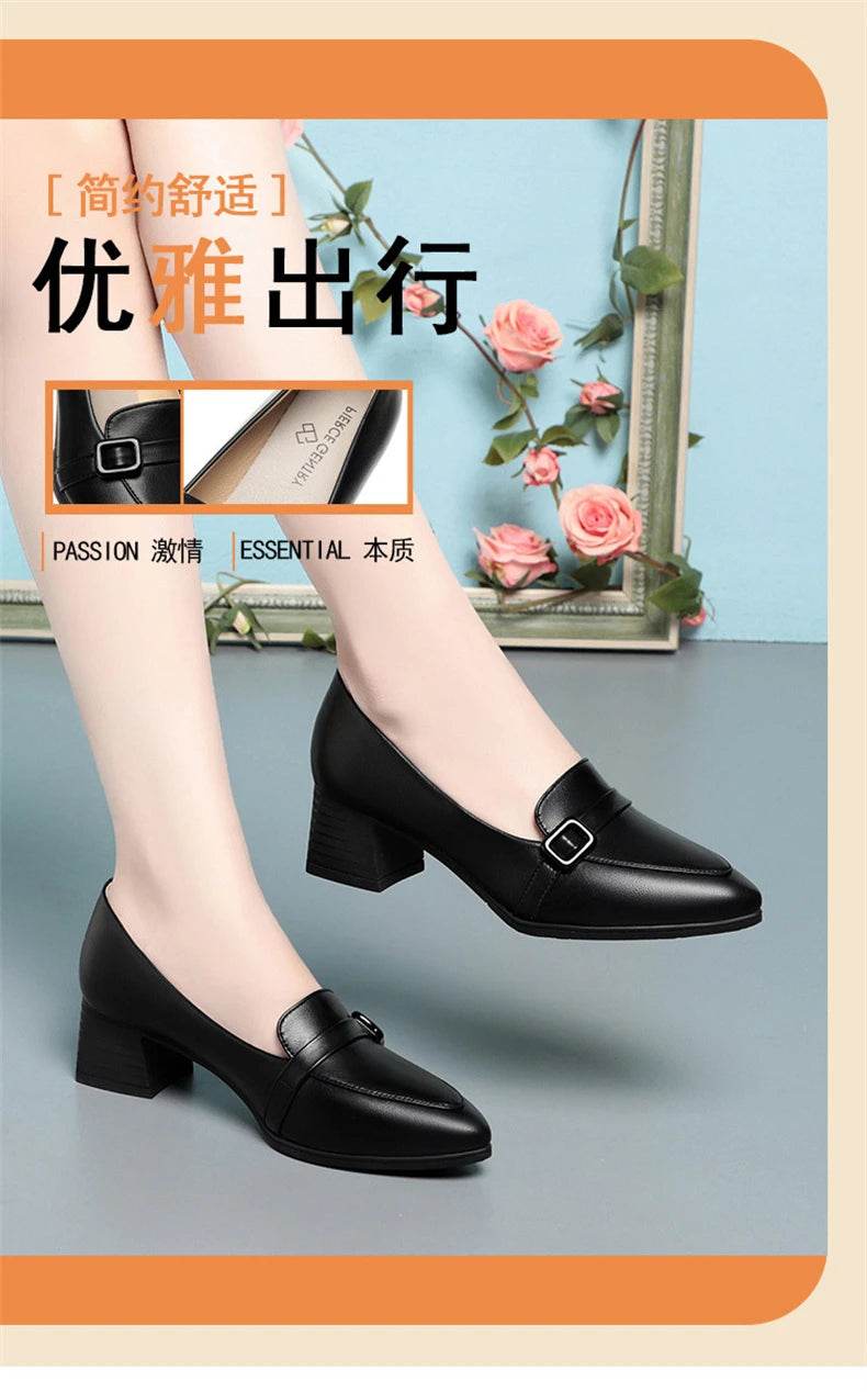 Fashion Elegant Soft Leather Shoes Women's Black Platform Loafers 2024 Spring Block High Heels Shoes For Office Work Daily Mom - FLORANZANI- Beauté & Santé