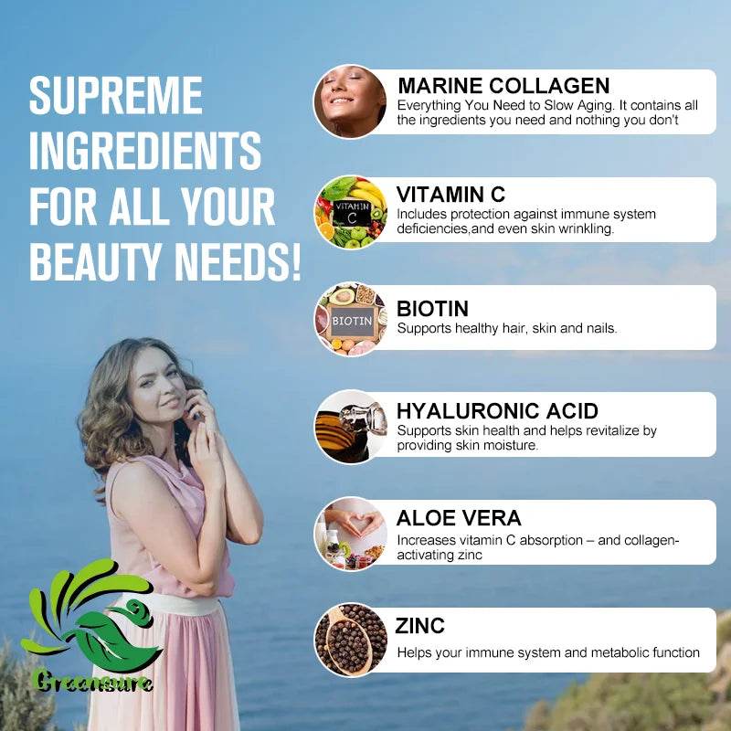 Greensure Marine Collagen - With Hyaluronic Acid, Biotin & Blueberry Support Joint, Hair, Skin, Nail, Cartilage & Overall Health - FLORANZANI- Beauté & Santé