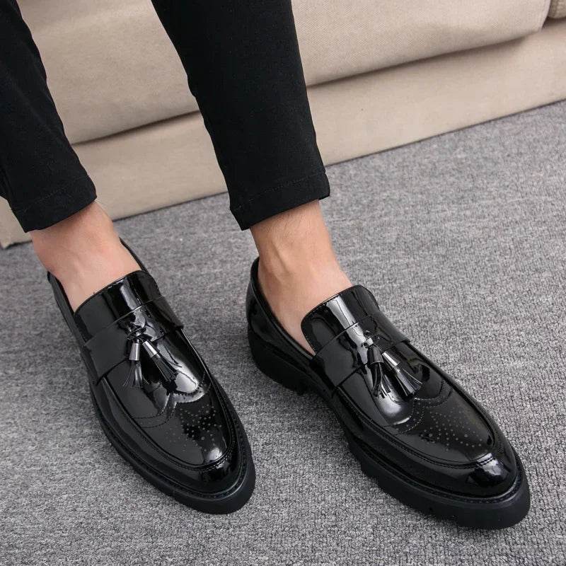 Golden Men's Casual Slip-On Tassel Patent Loafers Thick Bottom Elevator Shoes Fashion Men's Party Shoes Business Shoes Brogue - FLORANZANI- Beauté & Santé