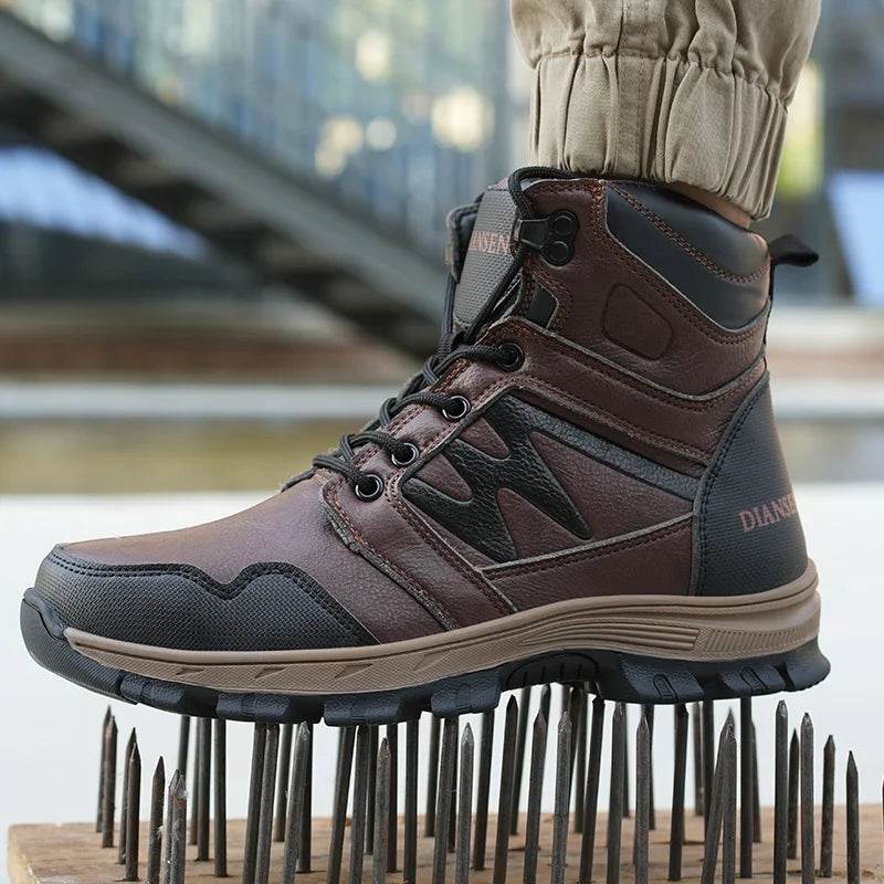 Tongue-linking Design Waterproof Leather Security Work Safety Boots for Men Anti-smash Anti-puncture Male Shoes Botas Brown - FLORANZANI- Beauté & Santé