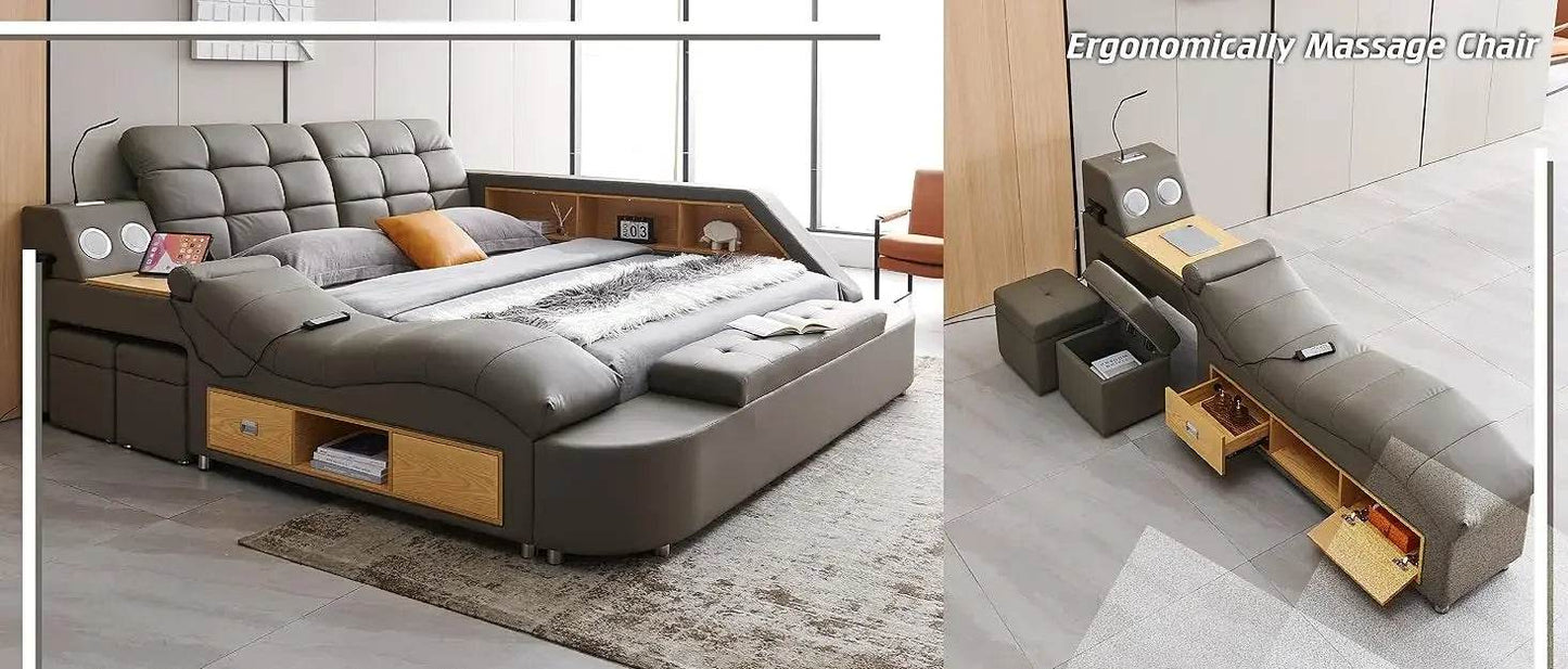 Multifunctional Queen Bed Frame,Smart Bed with Massage Recliner on Right Speaker/Storage Drawers,Adjustable Leather Up Headboard - FLORANZANI- Beauté & Santé