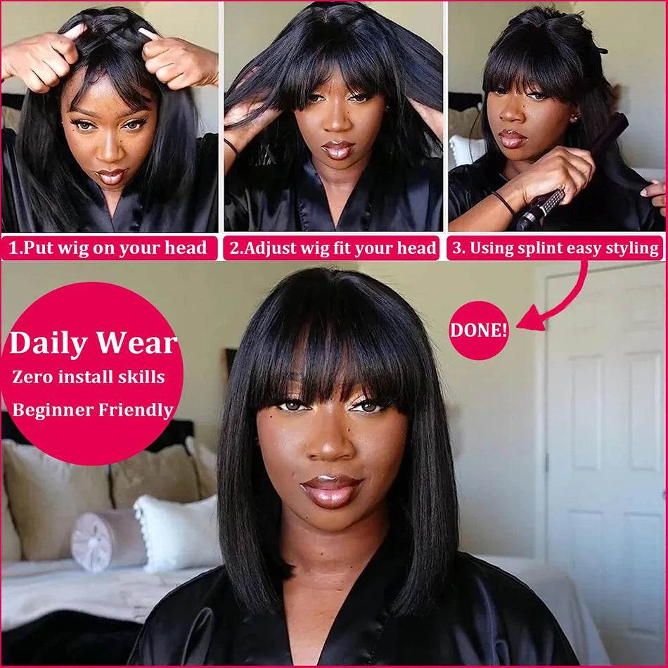 Middle Part 3X1 Hd Lace Wig Bone Straight Human Hair Wigs With Bangs Short Bob Wigs Full Machine Made Short Bob Human Hair Wigs - FLORANZANI- Beauté & Santé