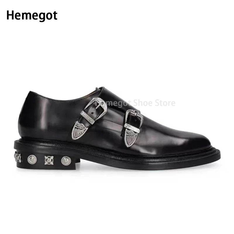 Studded Black Leather Shoes for Men Metal Buckle Design Men's Round Toe Shoes Retro Stylish Slip-On Luxury Brand Loafers New In - FLORANZANI- Beauté & Santé