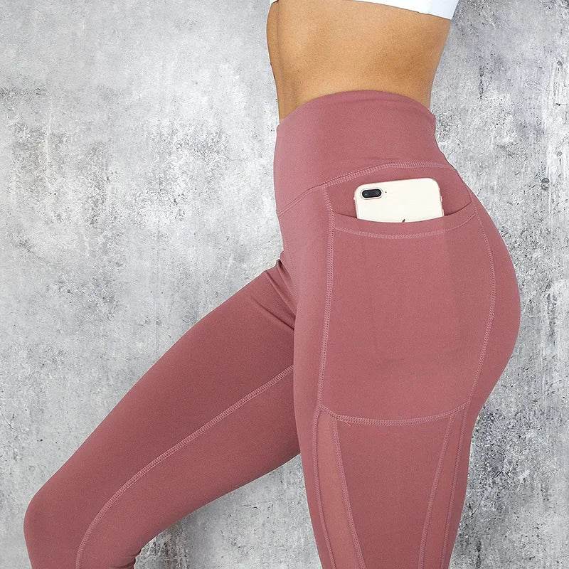 Mesh Spliced Leggings Women Seamless Tights with Pocket Pants High Waist Hip Lift Gym Trainning Running Elastic Slim Yoga Pants - FLORANZANI- Beauté & Santé