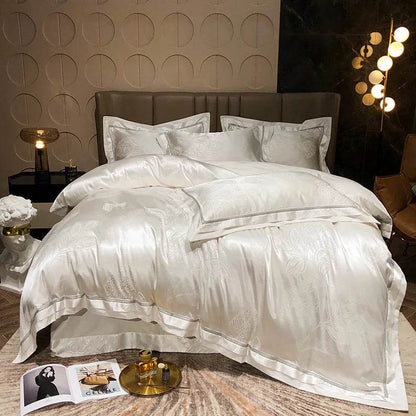 Soft Satin Jacquard Cotton Bedding Set, Luxury Duvet Cover, Blue, Gold, Gray, Queen, King Bed Sheet, Pillowcases, Home Textiles - FLORANZANI- Beauté & Santé