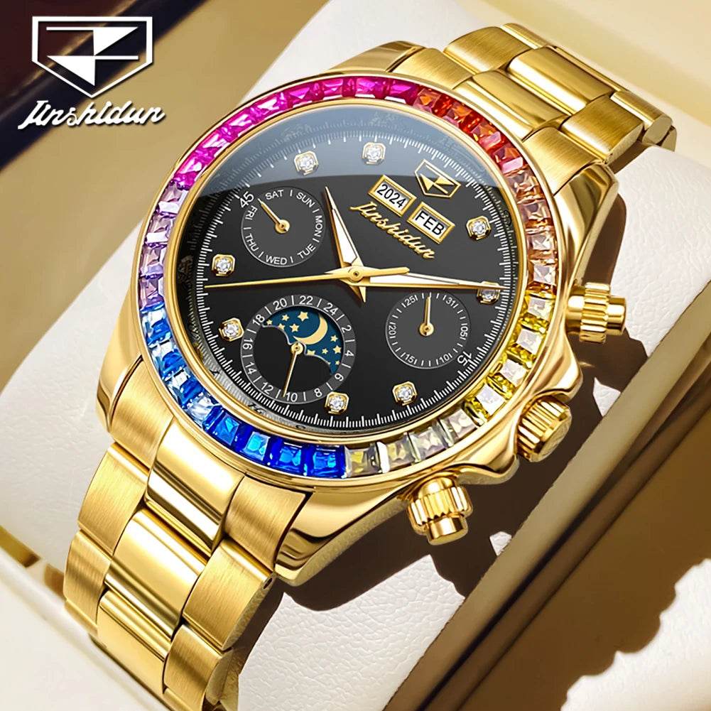 JSDUN 8974 New Moon Phase Automatic Watch for Men Gold Steel Strap Rainbow Diamond Lap Luxury Original Brand Mehcanical Watches - FLORANZANI- Beauté & Santé