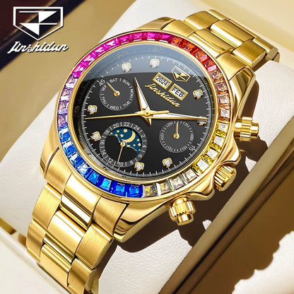 JSDUN 8974 New Moon Phase Automatic Watch for Men Gold Steel Strap Rainbow Diamond Lap Luxury Original Brand Mehcanical Watches - FLORANZANI- Beauté & Santé