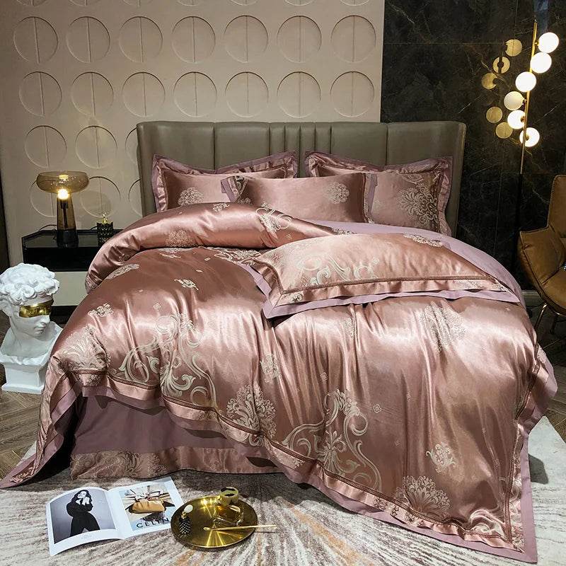 Soft Satin Jacquard Cotton Bedding Set, Luxury Duvet Cover, Blue, Gold, Gray, Queen, King Bed Sheet, Pillowcases, Home Textiles - FLORANZANI- Beauté & Santé