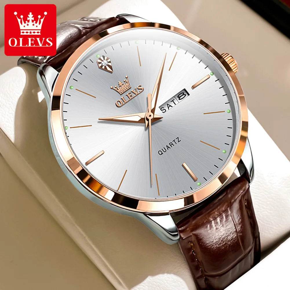 OLEVS Fashion Business Brand Original Men Watches Leather Strap Trend Week Calendar Quartz Watch Luminous Waterproof 43mm Dial - FLORANZANI- Beauté & Santé