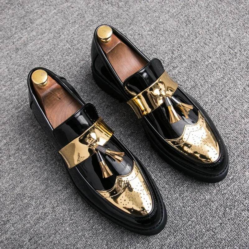 Golden Men's Casual Slip-On Tassel Patent Loafers Thick Bottom Elevator Shoes Fashion Men's Party Shoes Business Shoes Brogue - FLORANZANI- Beauté & Santé