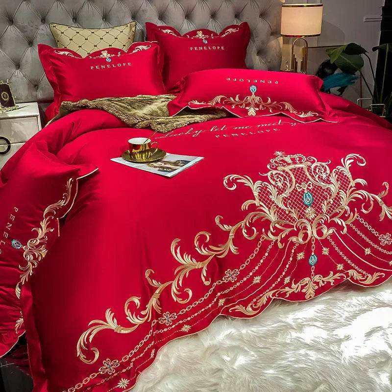 Egyptian Cotton Bedding Set Golden Embroidery Home Textiles Super Soft Bed Duvet Sheet Set King Queen Size Chic Stitch Linen 이불 - FLORANZANI- Beauté & Santé