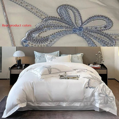 100% Egyptian Cotton Luxury Butterfly Embroidery Wedding Bedding Set 100% Cotton Duvet Cover Flat/Fitted Bed Sheet Pillowcases - FLORANZANI- Beauté & Santé