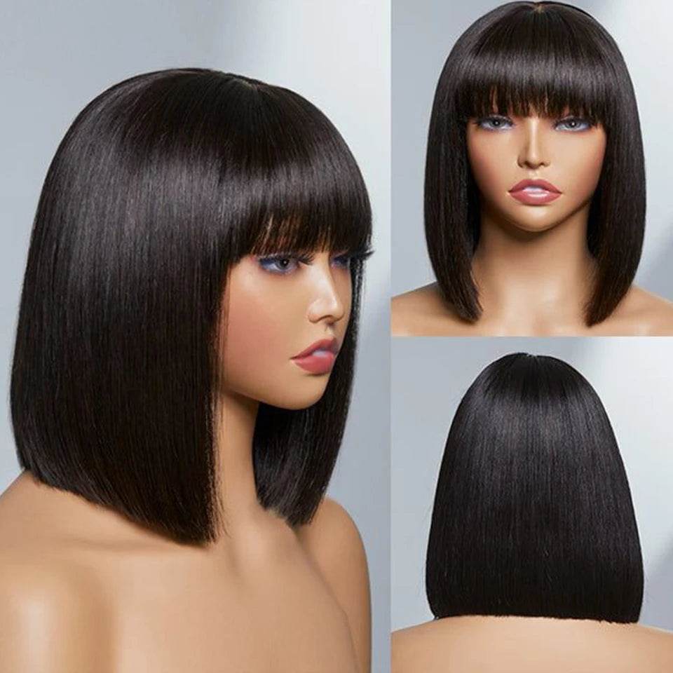 Wear and Go Human Hair Bob Wig With Bangs 180 Density Realistic Look 4x1 Lace Glueless Wigs Short Black Bob Wigs With Bangs - FLORANZANI- Beauté & Santé