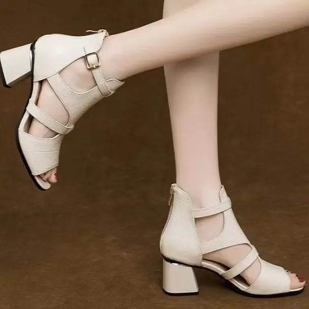 Thick Heels Sandals Women 2024 Summer New Holow Out Sandals Lady High Heeled Pumps Lady Peep Toe Cover Heel Fashion Roman Shoes - FLORANZANI- Beauté & Santé