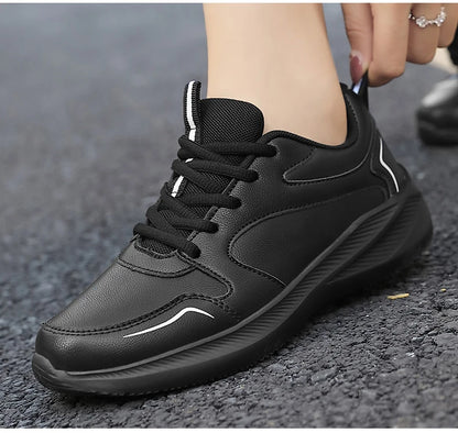 Women Running Shoes PU Leather Lace-up Men Warm Light Walking Sneaker Fitness Sport Flats Comfortable Black Size 35-44 Loafers