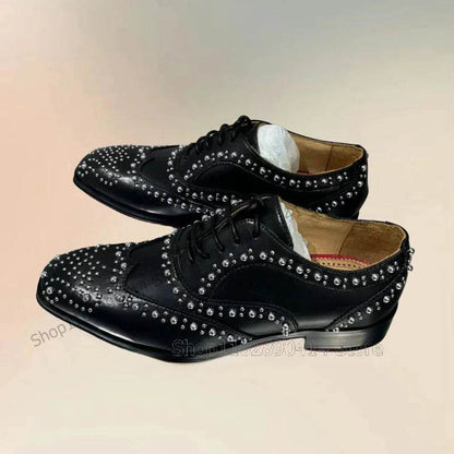 Silver Rivets Decor Black Strappy Square Toe Loafers Fashion Lace Up Men Shoes Luxurious Handmade Party Office Men Dress Shoes - FLORANZANI- Beauté & Santé