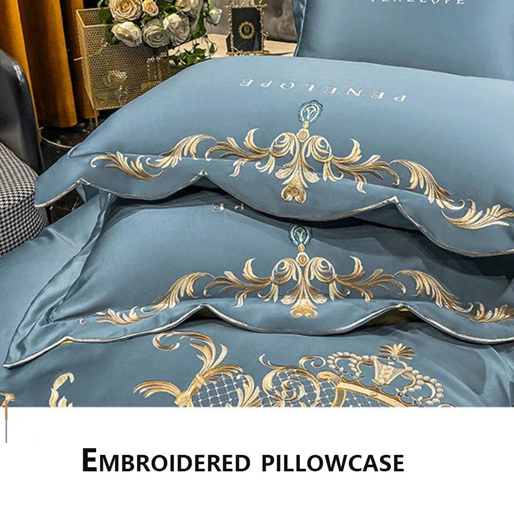 Egyptian Cotton Bedding Set Golden Embroidery Home Textiles Super Soft Bed Duvet Sheet Set King Queen Size Chic Stitch Linen 이불 - FLORANZANI- Beauté & Santé