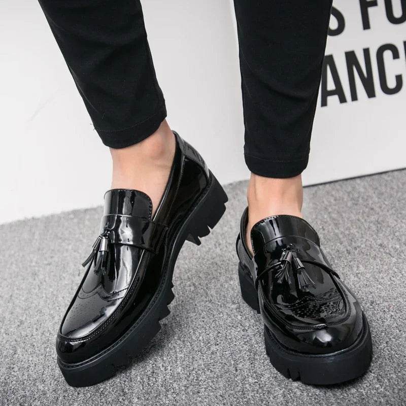 Golden Men's Casual Slip-On Tassel Patent Loafers Thick Bottom Elevator Shoes Fashion Men's Party Shoes Business Shoes Brogue - FLORANZANI- Beauté & Santé