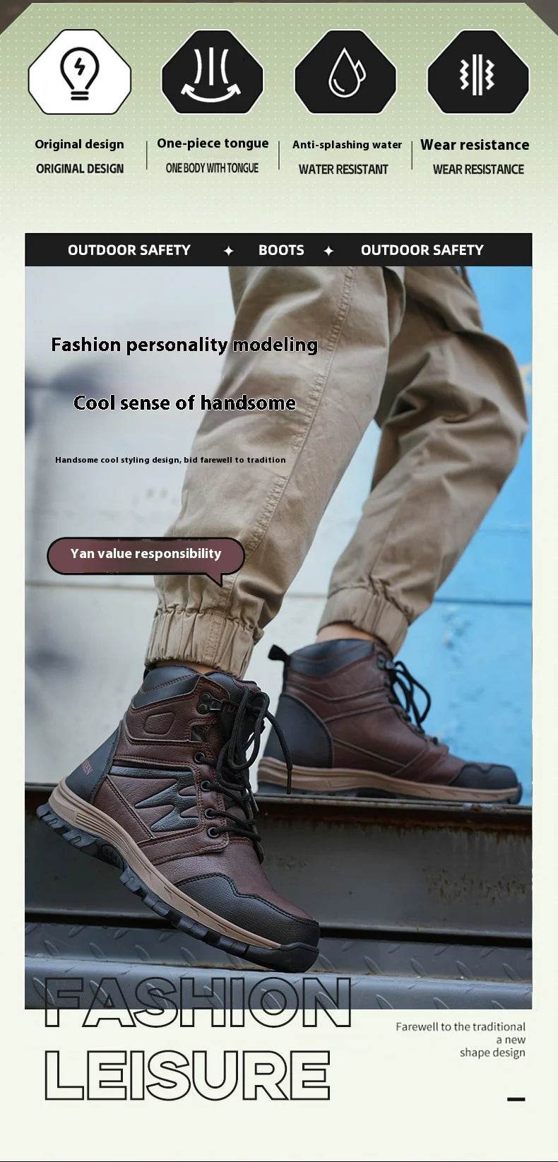 Tongue-linking Design Waterproof Leather Security Work Safety Boots for Men Anti-smash Anti-puncture Male Shoes Botas Brown - FLORANZANI- Beauté & Santé