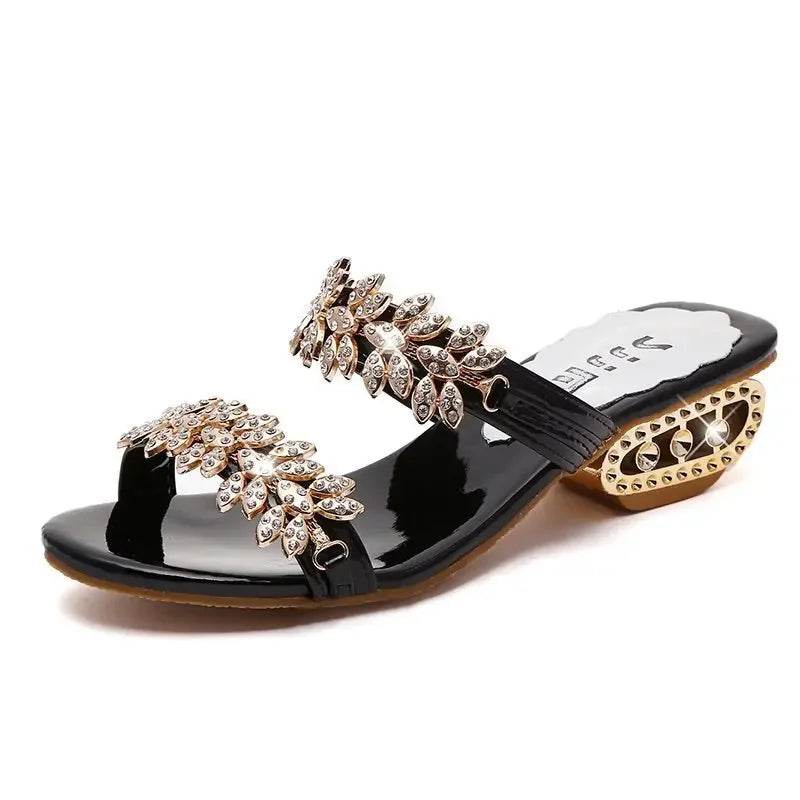 Shiny Crystal Slippers Women Luxury Rhinestone Med Heels Sandals Woman Bohemian Gold Strange Heel Flip Flops Summer Shoes - FLORANZANI- Beauté & Santé