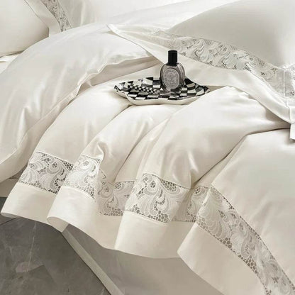 Luxury Hollow Lace Wide Embroidery 1200TC Egyptian Cotton 4Pcs Bedding Set Duvet Cover Set Flat/Fitted Bed Sheet Pillowcases - FLORANZANI- Beauté & Santé