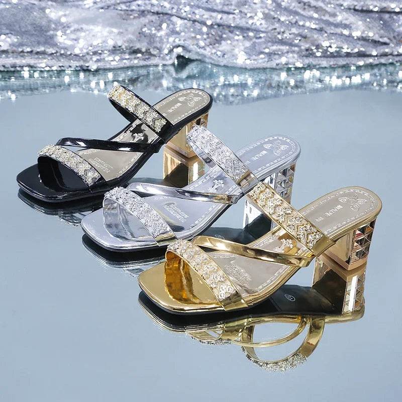 Shiny Gold Silver Women's Sandals Summer 2023 Crystal High Heels Party Shoes Woman Comfortable Thick Heel Slides Sandalias Mujer - FLORANZANI- Beauté & Santé