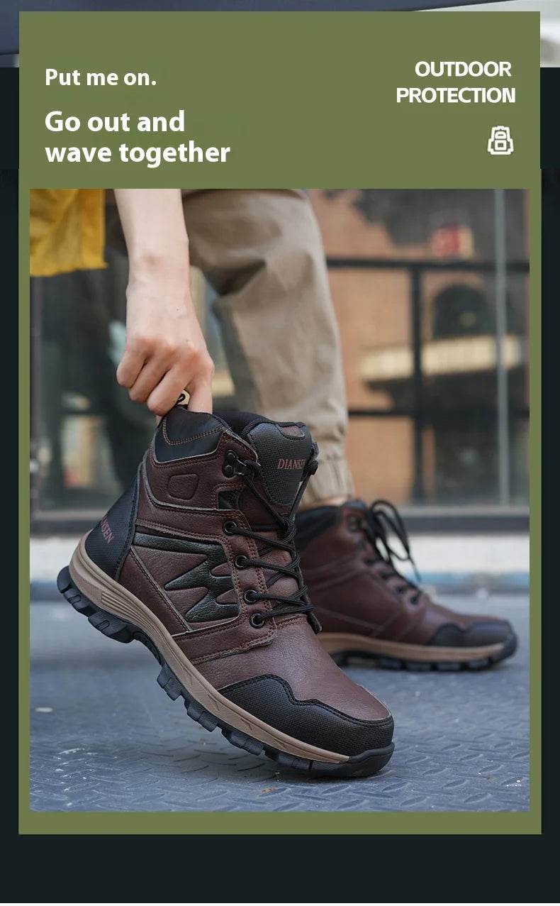 Tongue-linking Design Waterproof Leather Security Work Safety Boots for Men Anti-smash Anti-puncture Male Shoes Botas Brown - FLORANZANI- Beauté & Santé