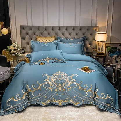 Egyptian Cotton Bedding Set Golden Embroidery Home Textiles Super Soft Bed Duvet Sheet Set King Queen Size Chic Stitch Linen 이불 - FLORANZANI- Beauté & Santé